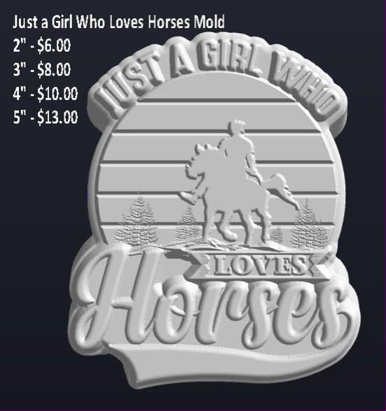 Retro sunset badge mold with a horse and rider in silhouette between pines, LOVES HORSES in script below.