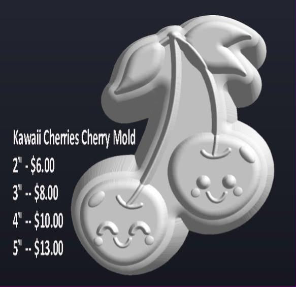 Kawaii cherries mold, two smiling cherries on a curved stem with a folded leaf
