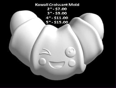 White kawaii croissant cast with segmented rolls, a winking face and blush cheeks