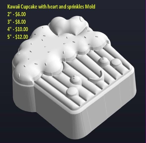 Kawaii cupcake mold with a smiling ribbed wrapper, sprinkled frosting swirl and a heart on top