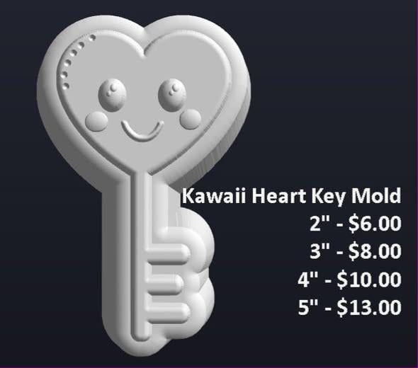 Kawaii heart key mold, smiling heart bow with beaded edge above a ribbed shaft and stepped bit