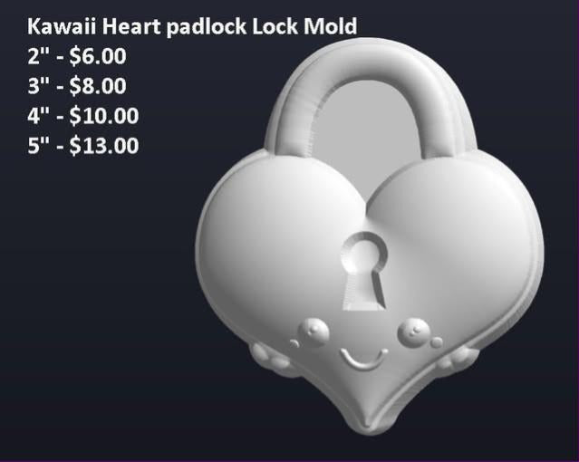 Kawaii heart padlock mold with an arched shackle, keyhole and a small smiling blushing face.