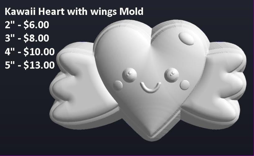 Kawaii winged heart mold, a smiling blushing heart with feathered wings spread on both sides.