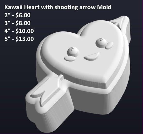 Kawaii heart mold with a smiling face and an arrow through it, fletching showing at lower left