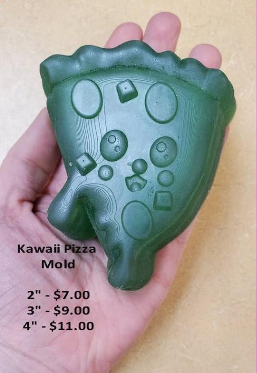 Cast mold of a pizza slice with bubbly crust, round pepperoni toppings and a cheese drip
