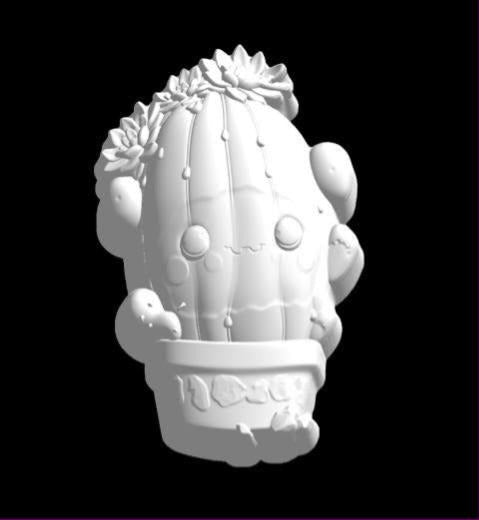 Kawaii potted cactus mold, a ribbed barrel cactus with two blooms on top and a sleepy closed-eye face.
