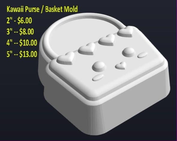 Kawaii purse mold with an arched handle and raised hearts and dots across the front