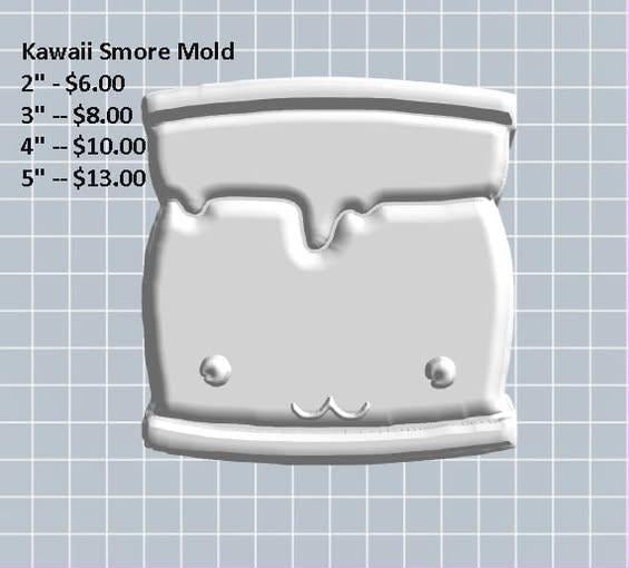 Kawaii s'more mold, two graham crackers with marshmallow oozing between them and a small face