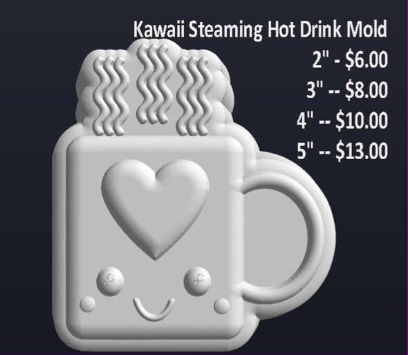 Kawaii mug mold with a heart, a small smiling face and three wavy ribbons of steam