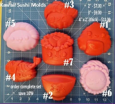 Seven kawaii sushi mold casts laid out and numbered, including faced nigiri, a frilled bun and a filled bowl.