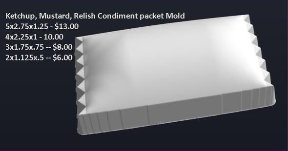 Flat condiment sachet mold with serrated crimped edges and a smooth blank face