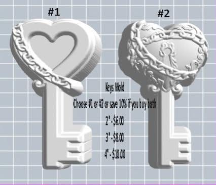 Mold with two ornate skeleton keys, one open heart bow with braided edge, one leafy wreath