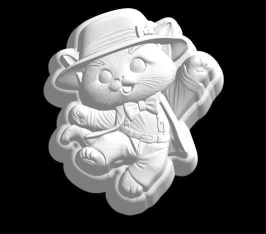 Cast mold of a cartoon kitten in a hat and jacket doing a jazz dance step with a cane