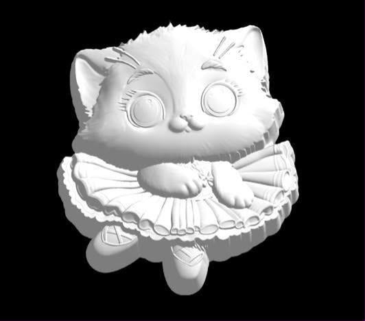 Cast mold of a wide-eyed kitten ballerina in a layered ruffled tutu standing on tiptoe
