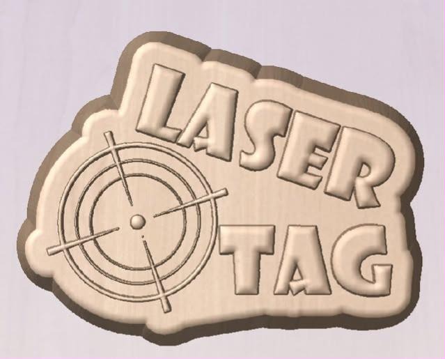 Laser Tag mold in tan, outlined block capitals with a crosshair target between the lines