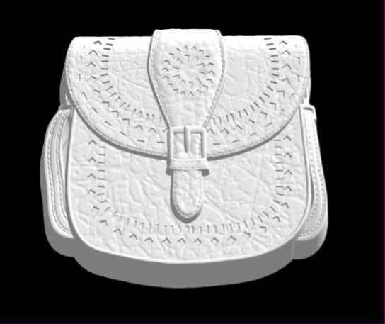 Handbag mold with a tooled pebbled leather flap, stitched edges, a centre strap and buckle and fringed sides.