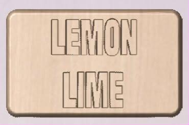 Pale wood-tone rectangle shower tab cast lettered LEMON over LIME in outlined capitals