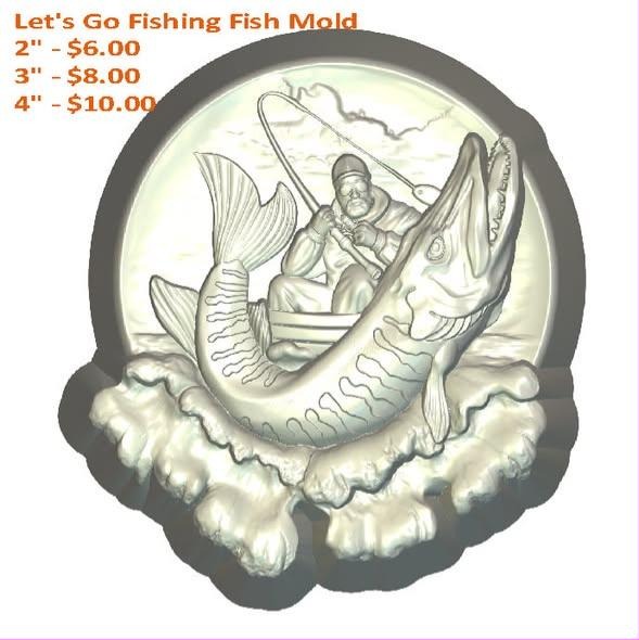 Round fishing scene mold, angler in a boat with a bent rod as a big fish leaps from the water
