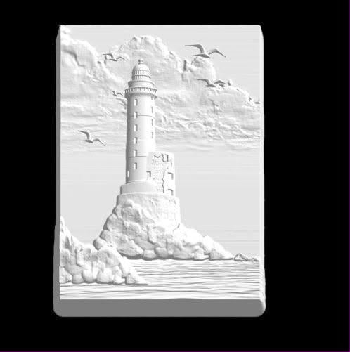 Cast rectangular plaque mold of a lighthouse on rocks with seabirds and layered clouds