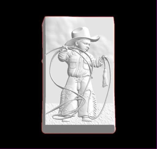 Plaque mold of a small boy in a cowboy hat and fringed chaps swinging a lasso that loops around him.
