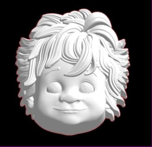 Toddler boy face mold in deep relief with big round eyes, full cheeks and a thick shaggy fringe.