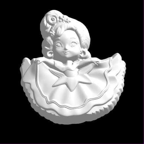 Cast mold of a big-eyed girl in a wide ruffled flamenco dress with a rose in her hair