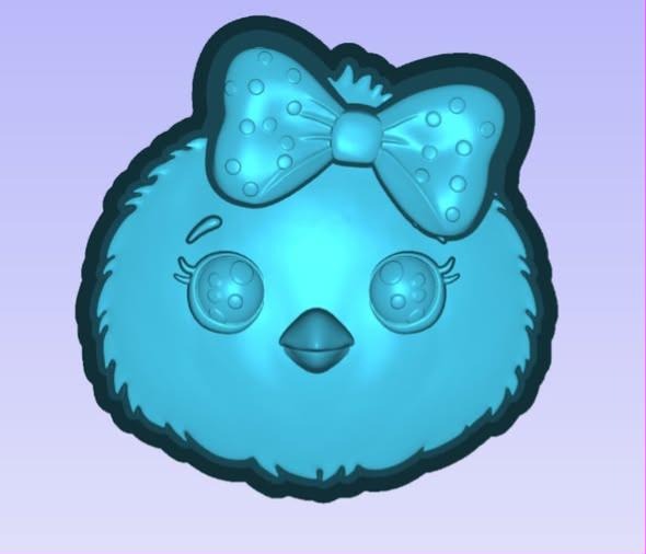 Fluffy chick head mold with a big polka-dot bow, wide lashed eyes and a triangular beak