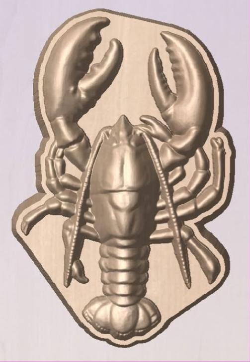 Cast mold of a lobster seen from above with raised claws, jointed legs and segmented tail