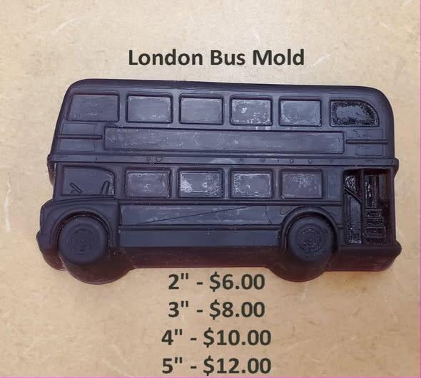 London double-decker bus mold cast in deep navy soap, side profile with two rows of windows