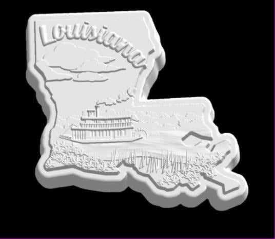 Louisiana state outline mold with the name in script, a paddle-wheel steamboat, clouds and marsh grass.