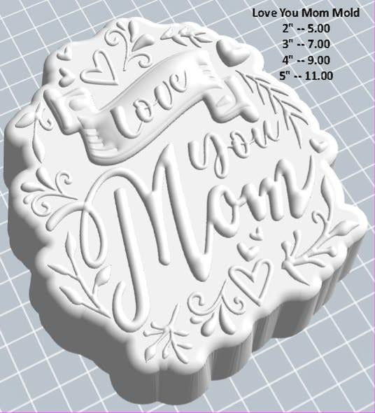 Wavy plaque mold with Love in a ribbon banner, you in script and Mom in large script, framed by vines and hearts.