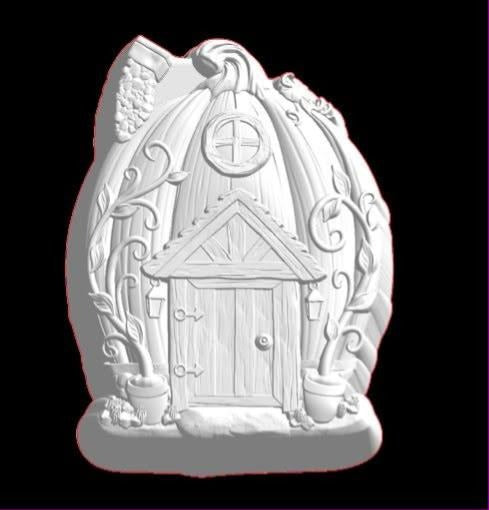 Pumpkin fairy house mold with a plank door, round window, hanging lanterns, climbing ivy and potted plants.