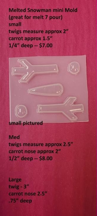 Clear mini mold sheet with two twig arms, a carrot nose and two coal buttons for melted snowmen