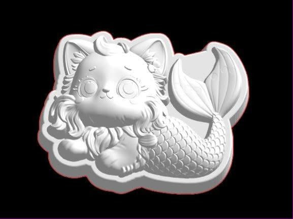 Kitten mermaid mold with big lashed eyes, tufted ears, wavy hair and a scaled fish tail curling up behind.