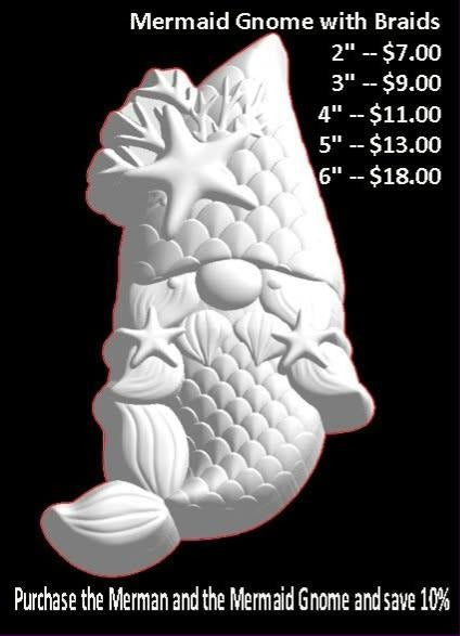 Cast mold of a mermaid gnome with a starfish-topped hat, shell-trimmed braids and fish tail
