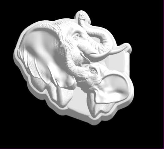 Mold of an adult elephant with a raised curling trunk and her calf tucked in beside her, in deep relief.