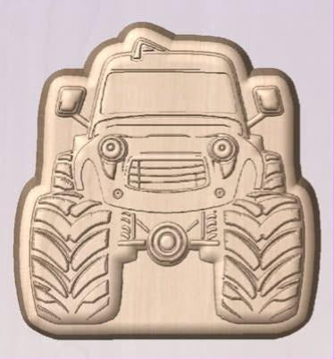 Wood-tone cast of a monster truck head-on with oversized knobby tires and a roof light bar