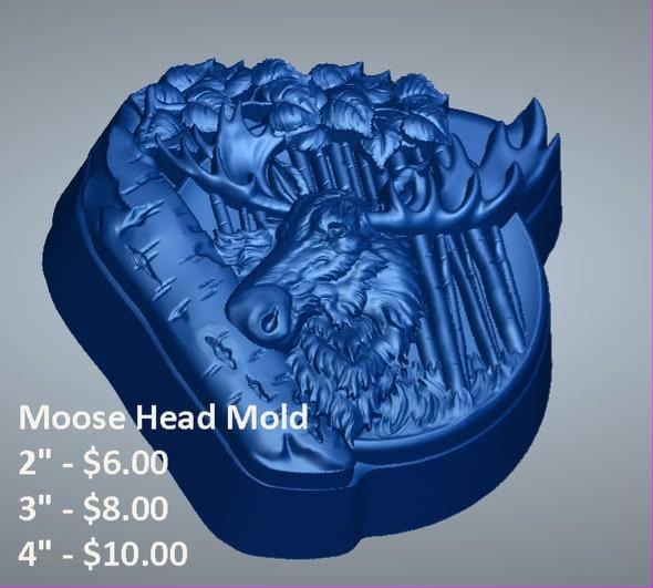 Blue render of a moose head mold with wide palmate antlers and pine trees in a rounded plaque