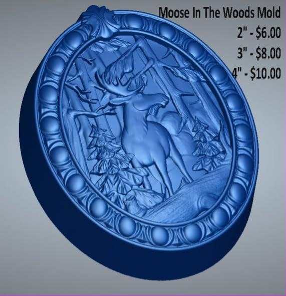 Blue render of an oval moose mold with a beaded border, standing moose and pine trees