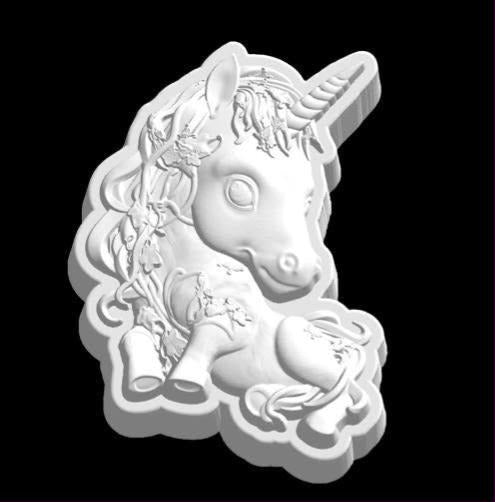 Unicorn head mold with spiral horn, lashed eye and a flower-filled curling mane
