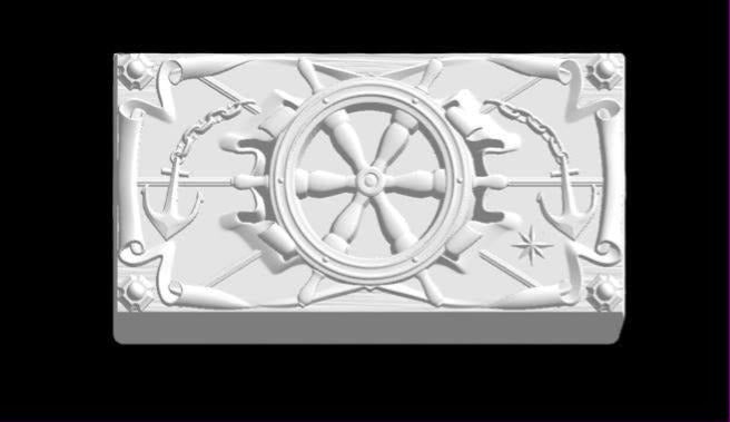 Nautical soap bar mold with a ship's wheel centre, corner anchors, crossed oars and a compass star.