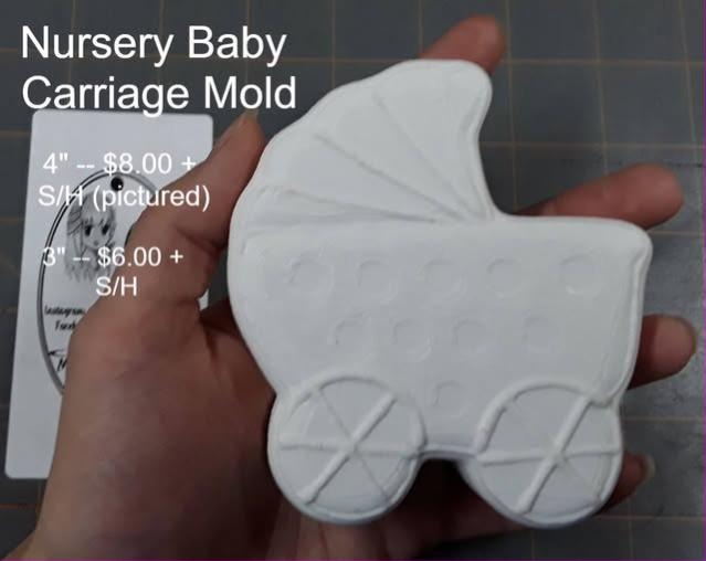 Grey cast baby pram with the hood up, spoked wheels and a quilted body panel, held in a hand