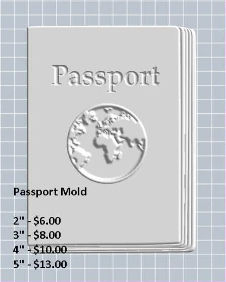 Grey passport mold with arced PASSPORT lettering, a round globe emblem and stacked page edges