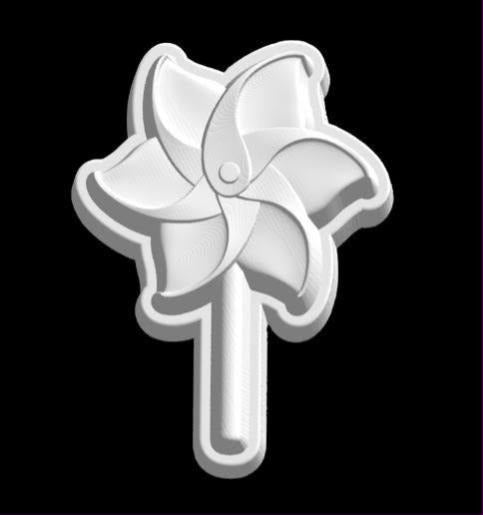 Cast mold of a six-bladed paper pinwheel on a straight stick with a raised centre pin