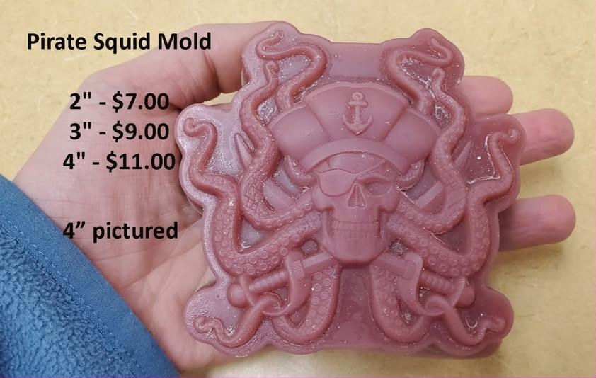 Pirate squid mold, a skull in a captain's cap with an anchor badge ringed by suckered tentacles.