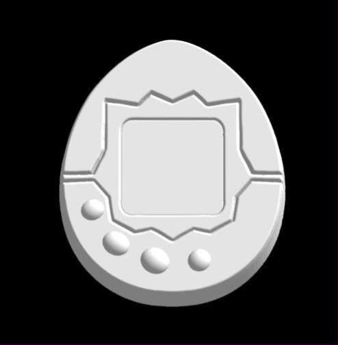 Egg-shaped virtual pet mold with a square screen in a zigzag frame and three round buttons.