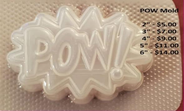 Clear plastic mold of a comic book POW starburst with jagged edges and bold outlined lettering.