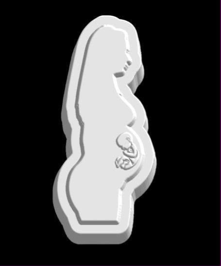Cast silhouette mold of a pregnant woman in profile with a curled baby inside the belly