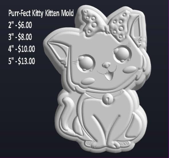 Grey render of a seated kitten mold with a bow on one ear, a bell collar and big round eyes