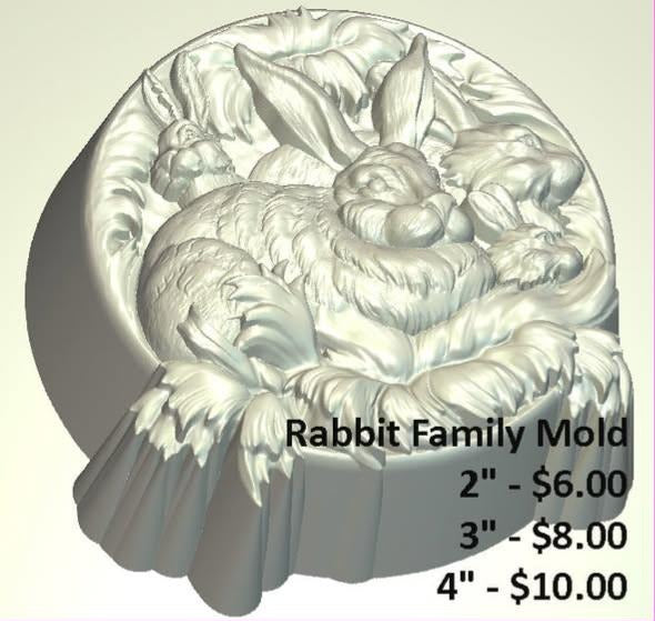 Grey render of a round rabbit family mold with a doe and her kits lying in a straw nest